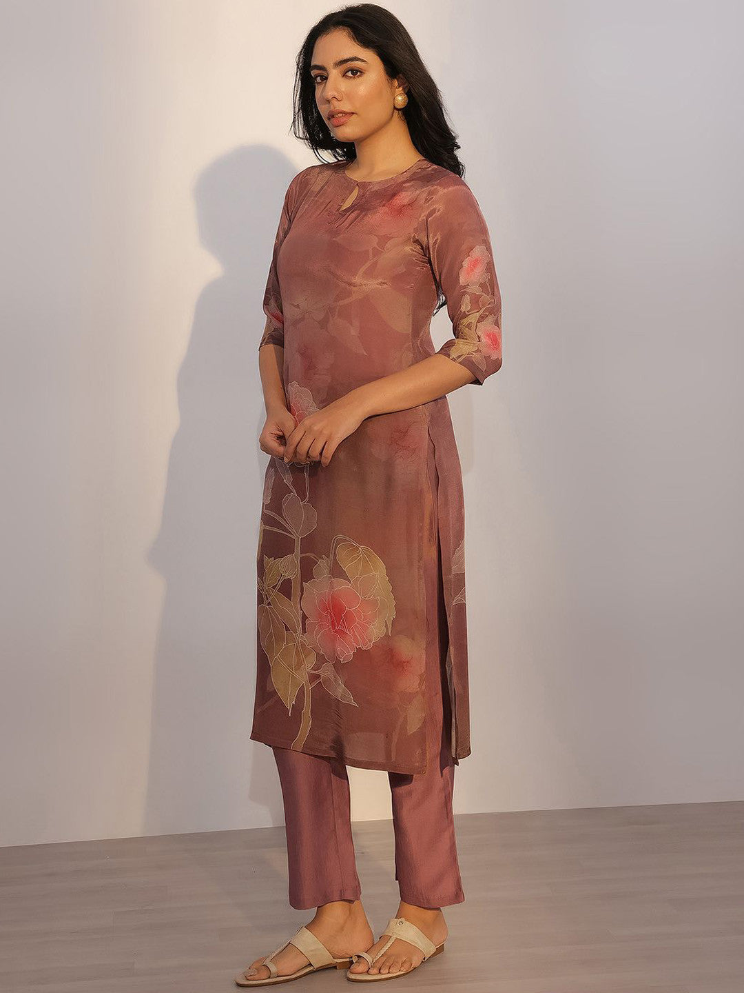 Floral Printed Keyhole Neck Straight Kurta With Trousers & Dupatta
