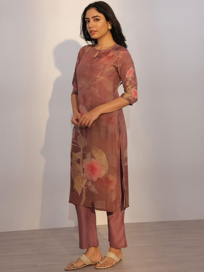Floral Printed Keyhole Neck Straight Kurta With Trousers & Dupatta