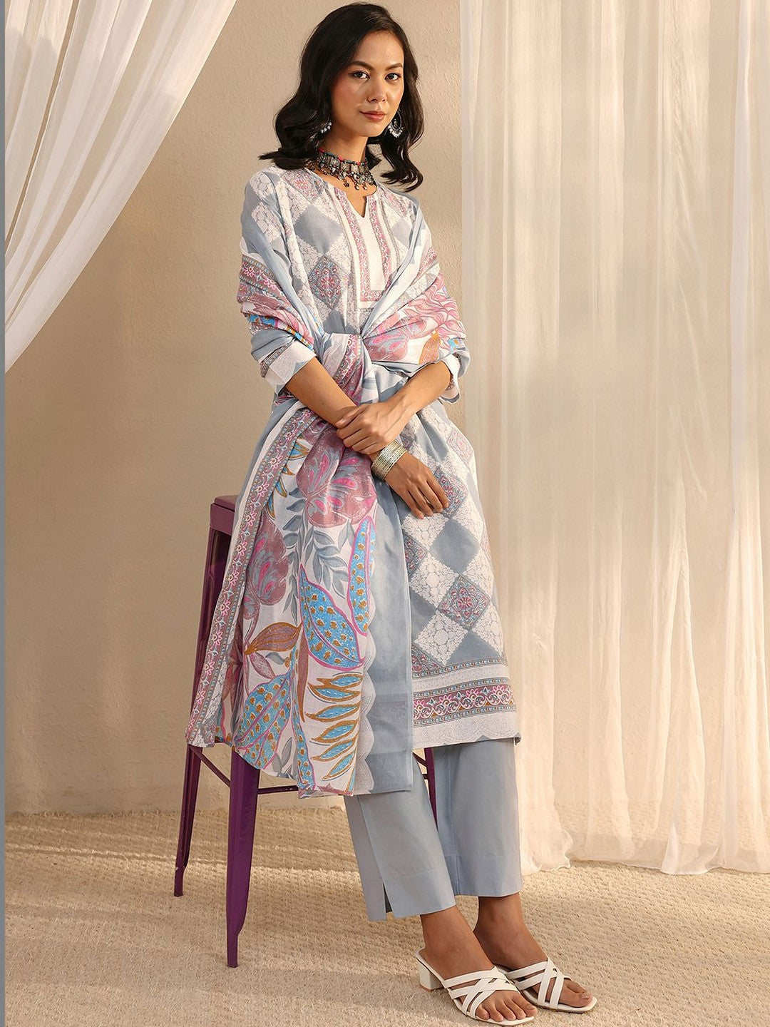 Libas Grey Geometric Printed Straight Suit Set with Dupatta