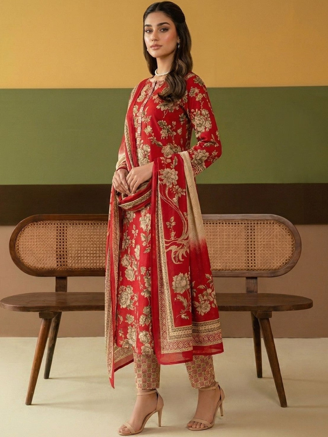 Printed Cotton Round Neck Kurta & Trousers With Dupatta