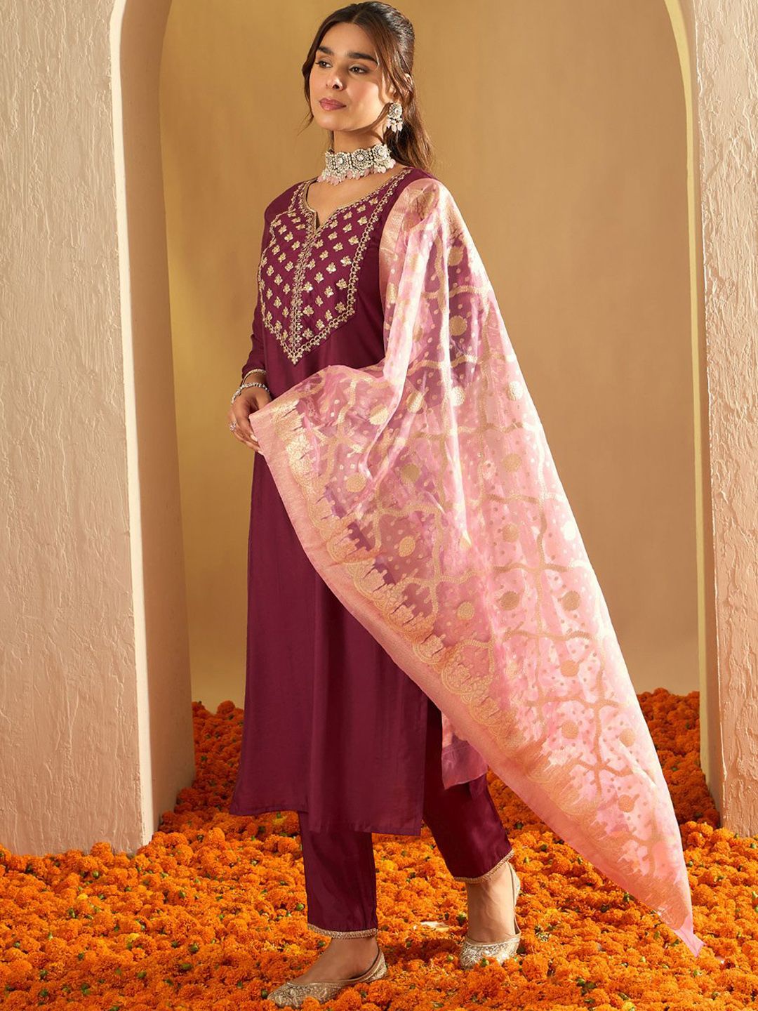 Dhiyona IE Ethnic Motifs Yoke Design Straight Gotta Patti Liva Kurta with Trousers & Dupatta