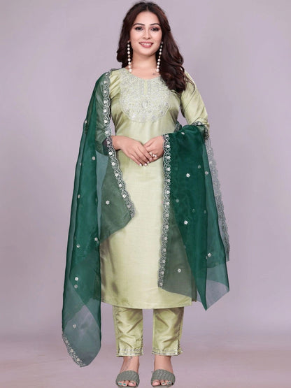 Women Ethnic Motifs Embroidered Regular Kurta with Trousers & With Dupatta