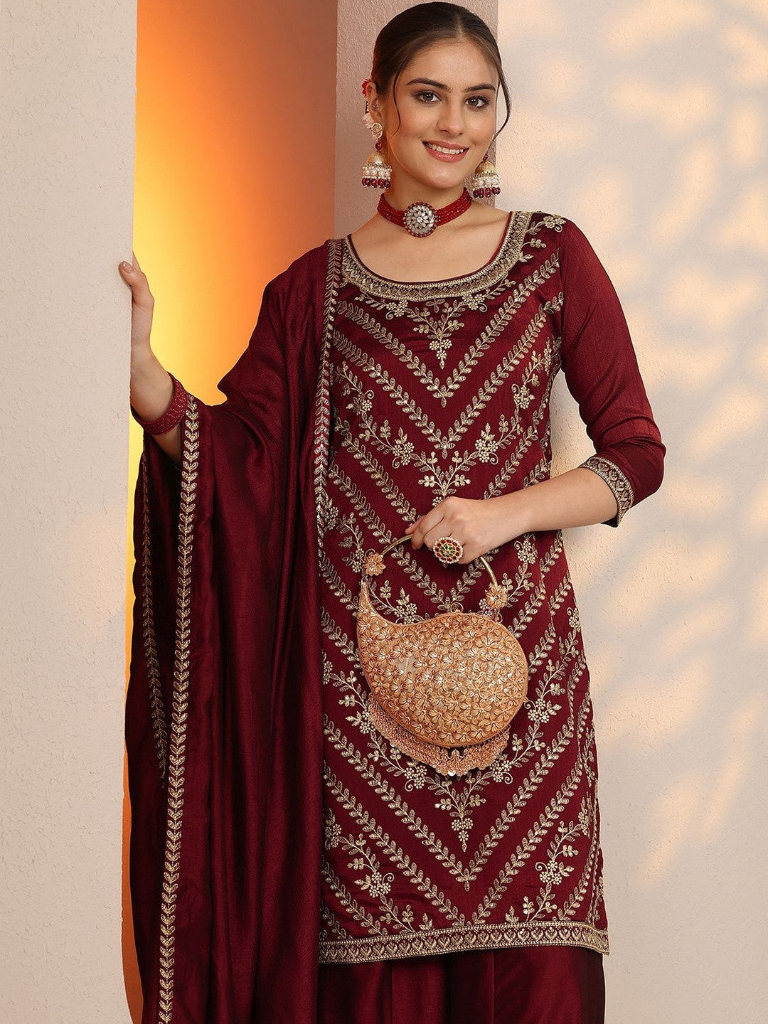 Floral Embroidered Notch Neck Zari Straight Kurta & Palazzos With Dupatta