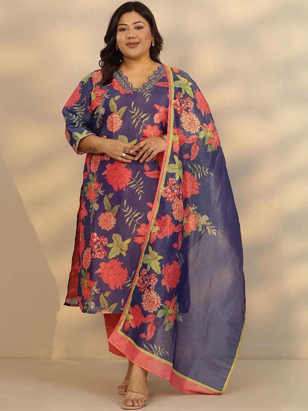 Dhiyona Women's Plus Size Floral Printed Kurta with Trousers & Dupatta
