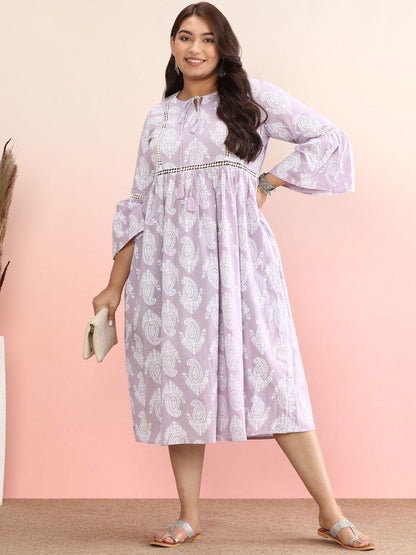 Dhiyona AY Women's Plus Size Ethnic Motifs Printed Tie-Up Neck Pure Cotton A-Line Dress