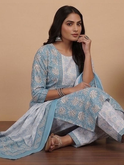 Blue Women Floral Printed Regular Kurta with Patiala & With Dupatta
