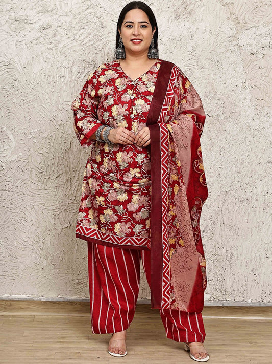 Dhiyona KL Floral Printed V-Neck Straight Kurta With Salwar & Dupatta