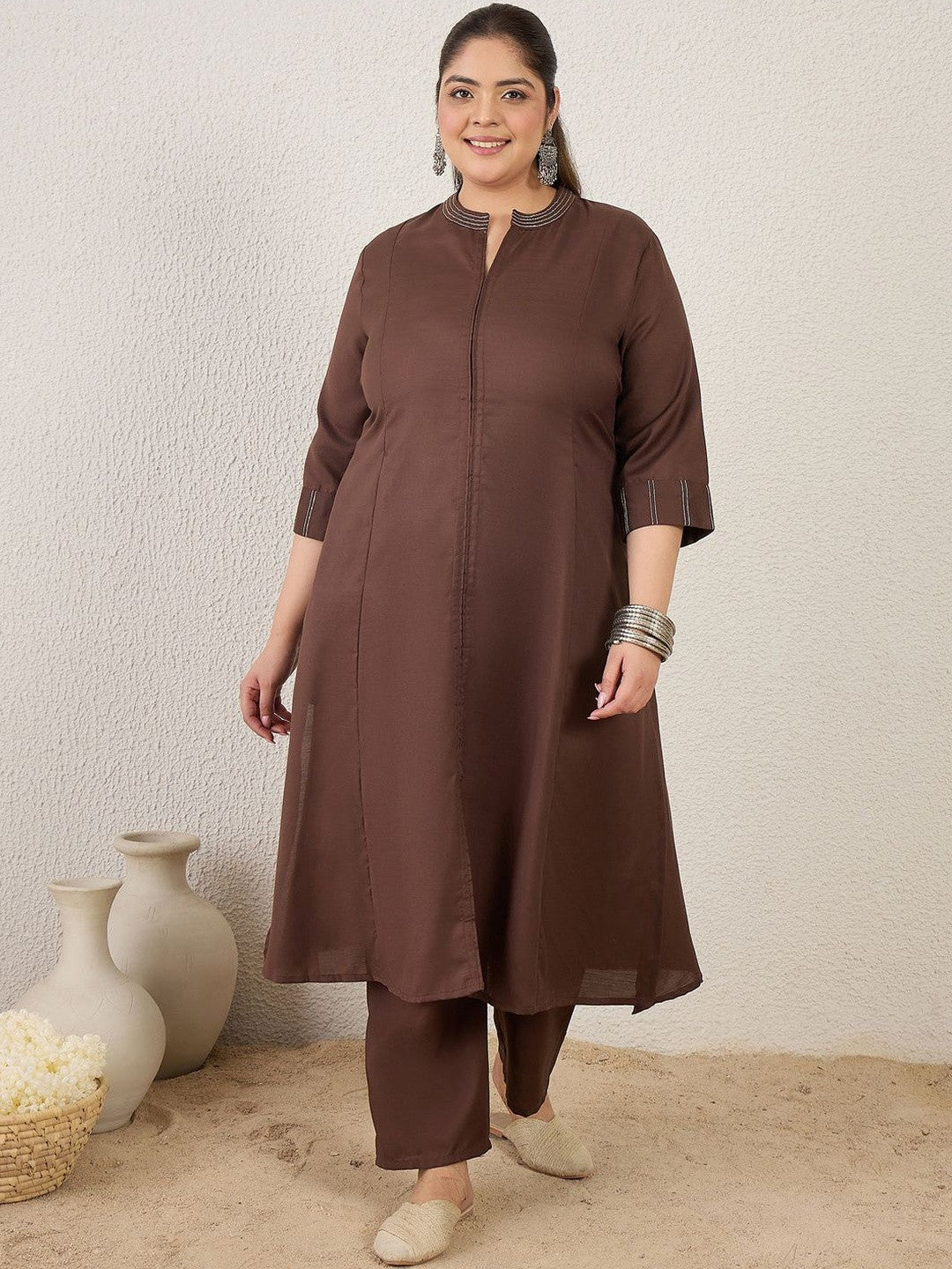 Plus Size Brown Self Design A-Line Kurta Trousers Set