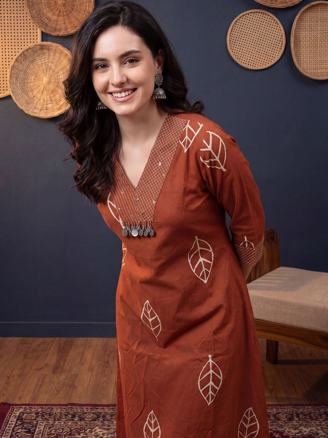 Printed V-Neck Pure Cotton Kurta With Trousers
