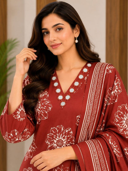 Women Floral Printed Regular Mirror Work Pure Cotton Kurta with Trousers & With Dupatta