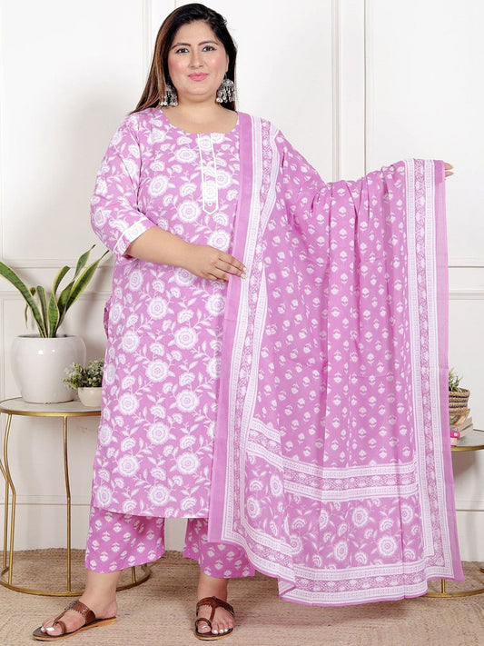 Dhiyona KL Women Plus Size Floral Printed Pure Cotton Kurta with Palazzo & Dupatta