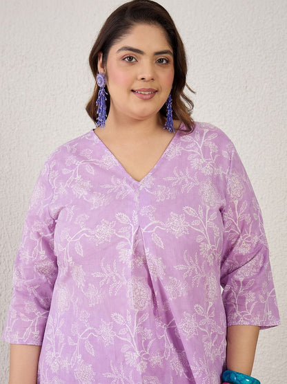 Plus Size Lavender Printed A-Line Kurta Trousers Set