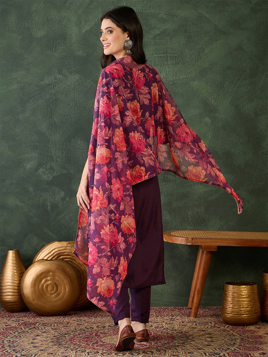 Dhiyona KL Women Embroidered Straight Kurta with Trousers & Dupatta