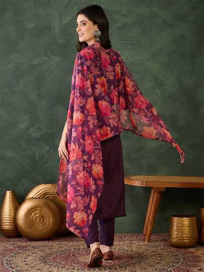 Dhiyona KL Women Embroidered Straight Kurta with Trousers & Dupatta