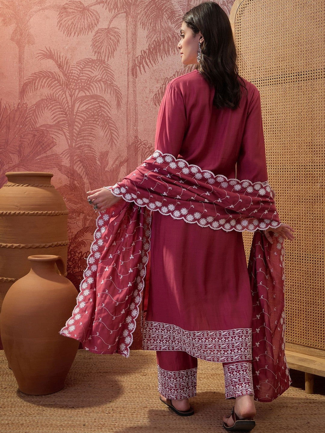 Embroidered V-Neck Kurta Trousers & Dupatta
