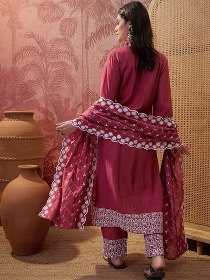 Embroidered V-Neck Kurta Trousers & Dupatta
