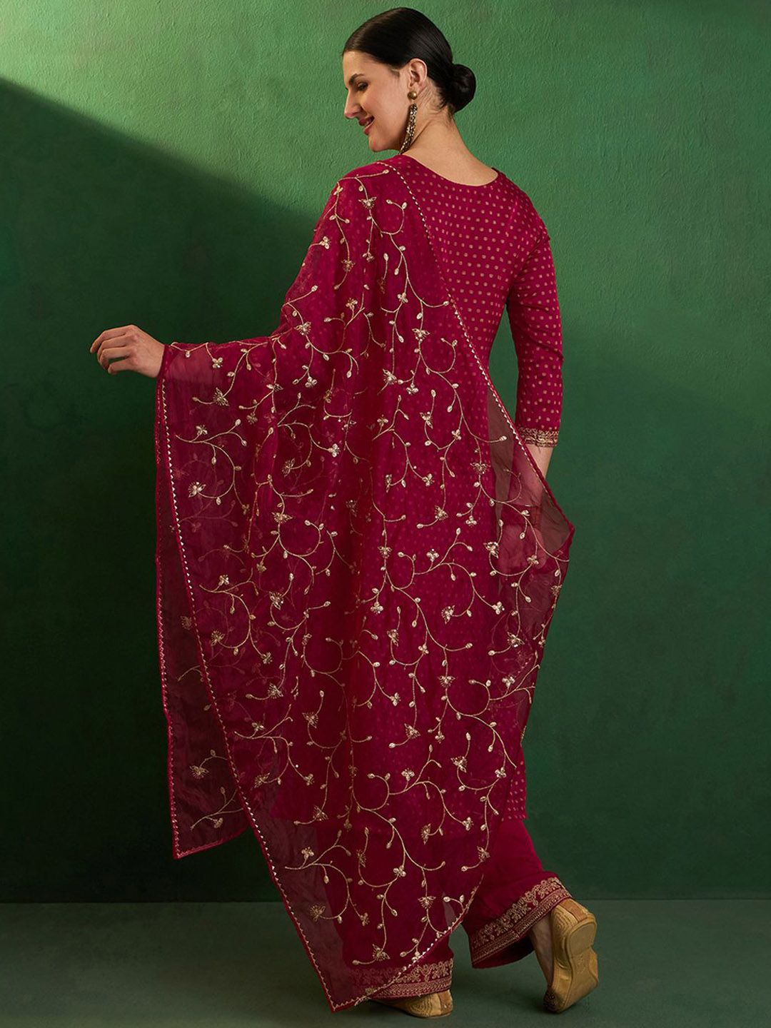 Dhiyona SN Bandhani Printed Round Neck Thread Work Satin Kurta With Palazzo & Dupatta