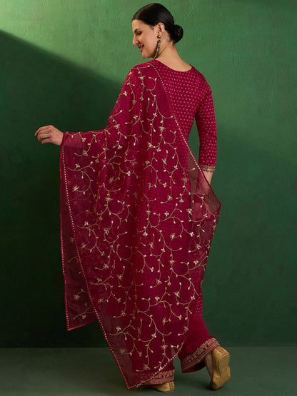 Dhiyona SN Bandhani Printed Round Neck Thread Work Satin Kurta With Palazzo & Dupatta