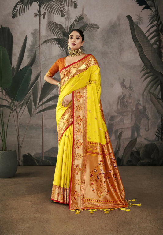 Women Paithani Isha Yellow Saree With Unstiched Blouse