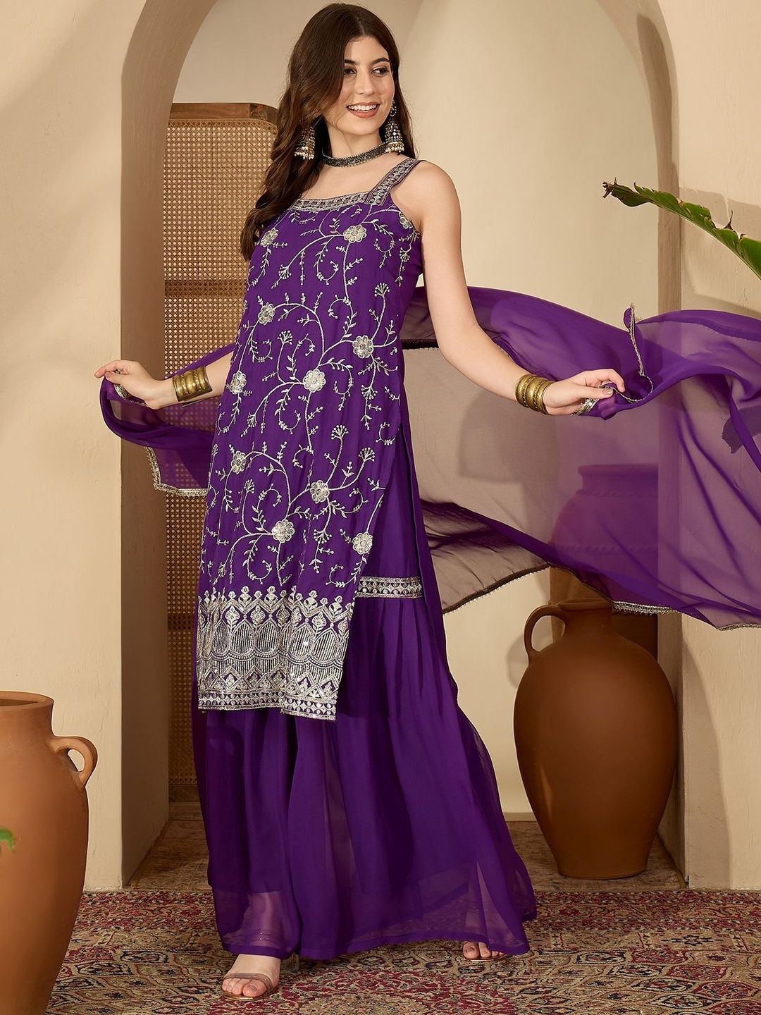 Dhiyona SN Women Ethnic Motifs Embroidered Regular Thread Work Kurta with Sharara & Dupatta