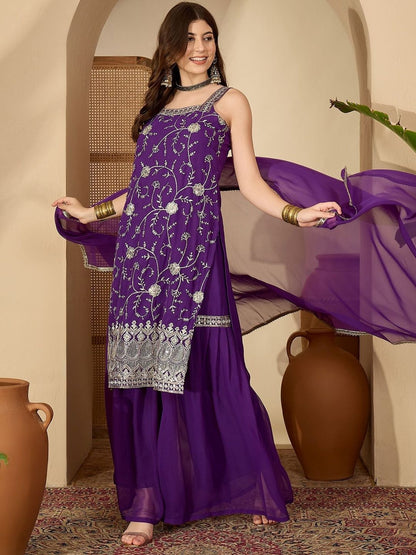 Dhiyona SN Women Ethnic Motifs Embroidered Regular Thread Work Kurta with Sharara & Dupatta