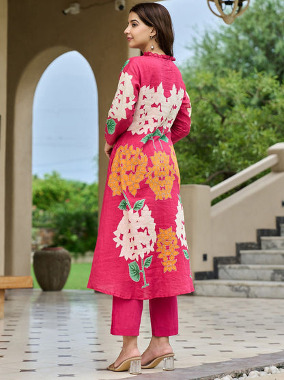 Dhiyona IE Floral Printed Pure Cotton Mandarin Collared Tunic With Trousers