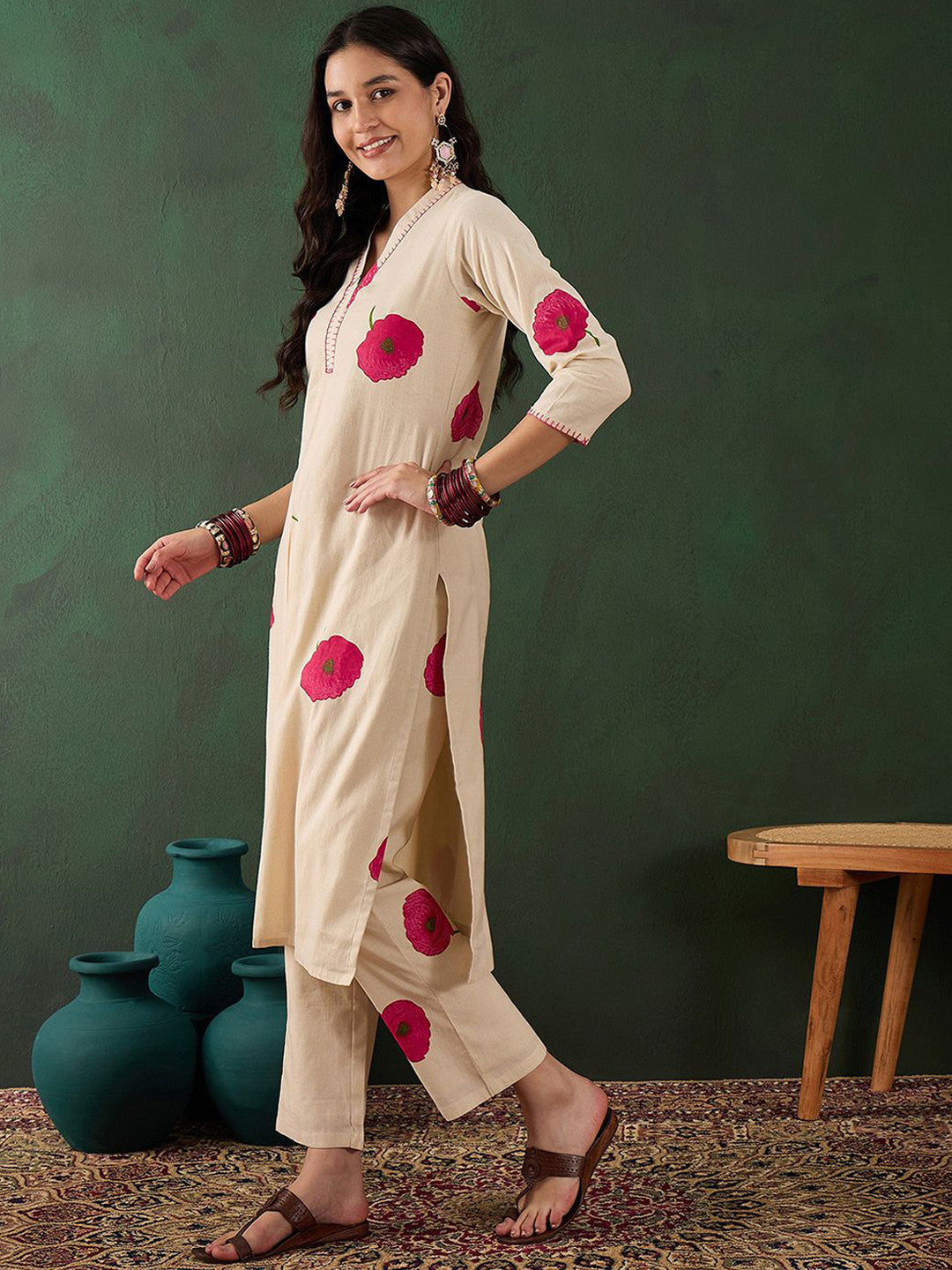 Off White Cotton Floral Printed Kurta With Pant Set