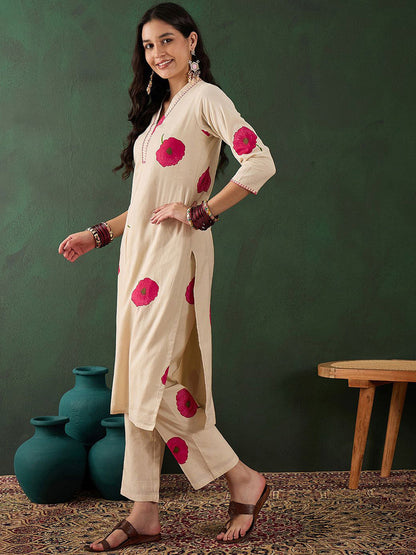 Off White Cotton Floral Printed Kurta With Pant Set