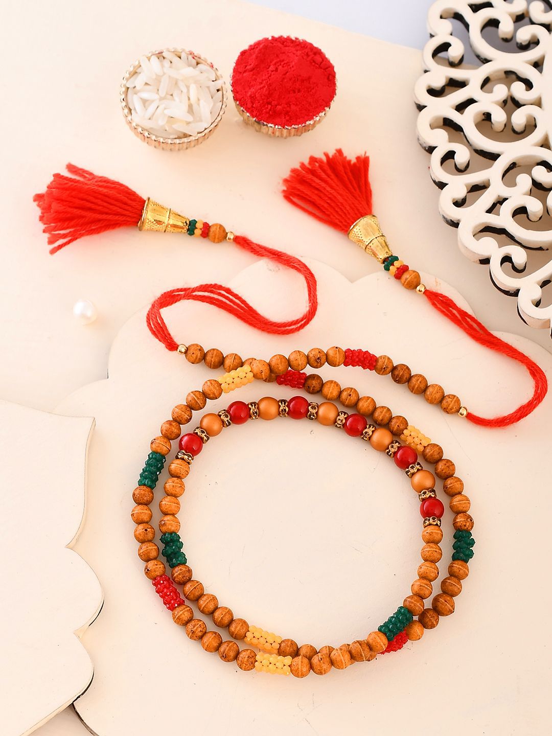 Dhiyona Red Stone Studded & Beaded Thread Rakhi With Roli Chawal With Greeting Card