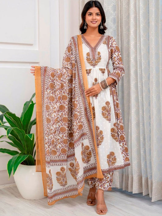 Dhiyona KL Women Floral Printed Pleated Pure Cotton Kurta with Trousers & With Dupatta