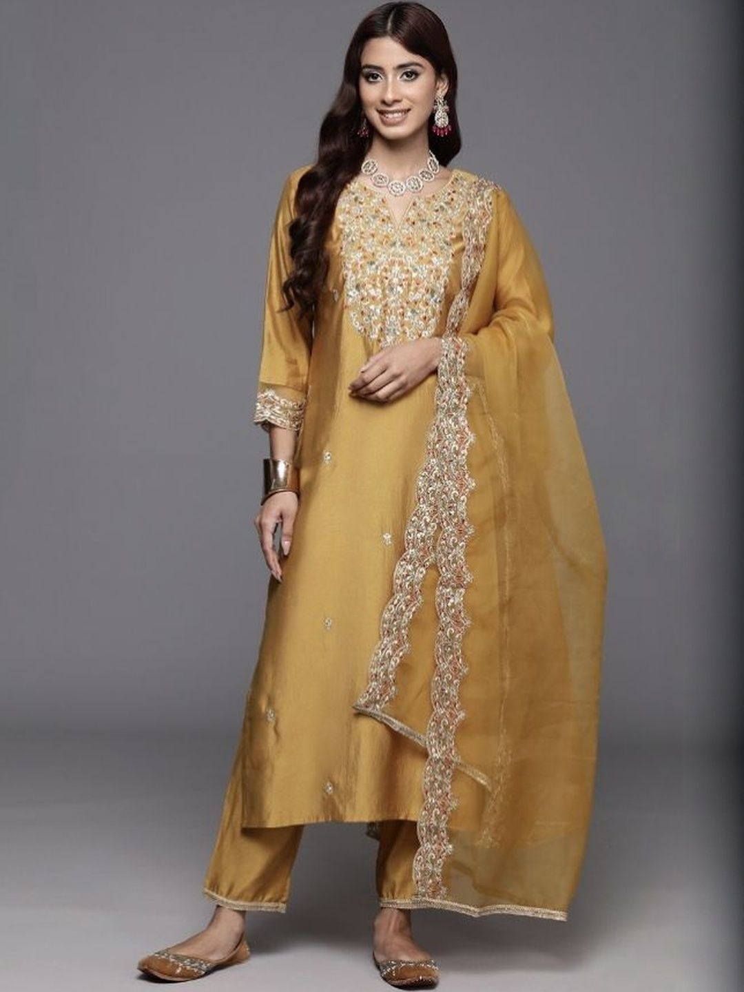 Dhiyona KL Women Ethnic Motifs Embroidered Regular Chanderi Silk Kurta with Palazzos & With Dupatta