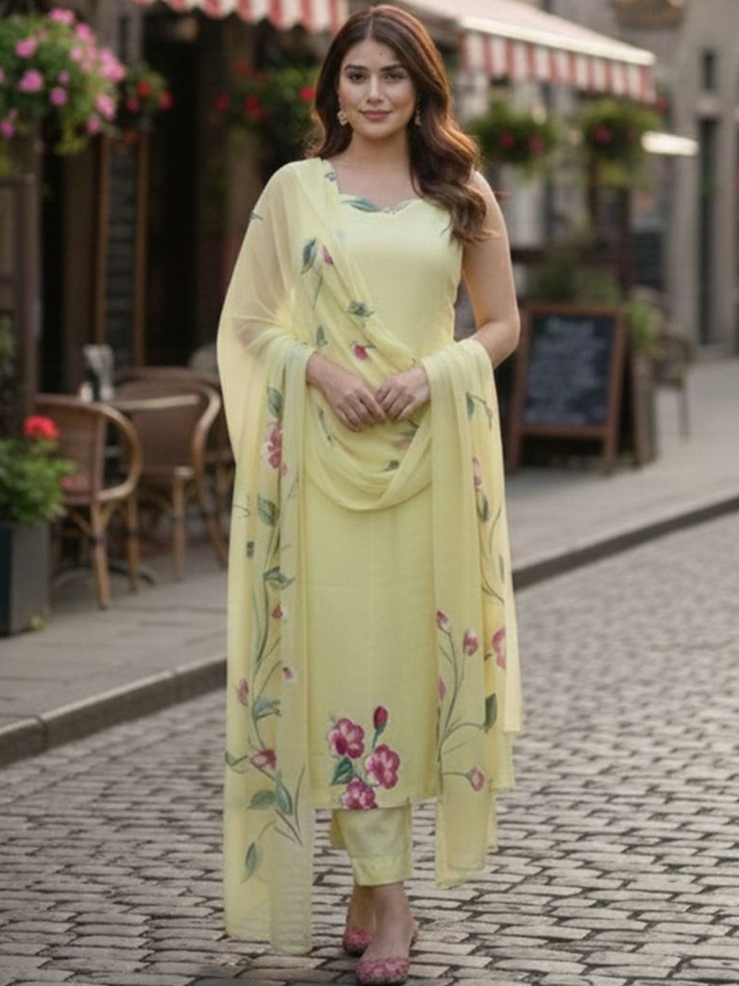 Dhiyona KL Women Floral Printed Regular Kurta with Trousers & With Dupatta