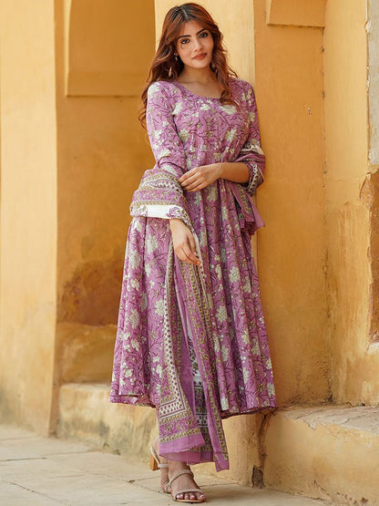 Dhiyona KL Floral Printed Pure Cotton Anarkali Kurta With Trousers & Dupatta