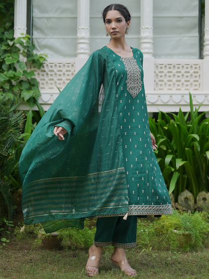 Women's Green Embroidered Straight Kurta Trousers With Dupatta set