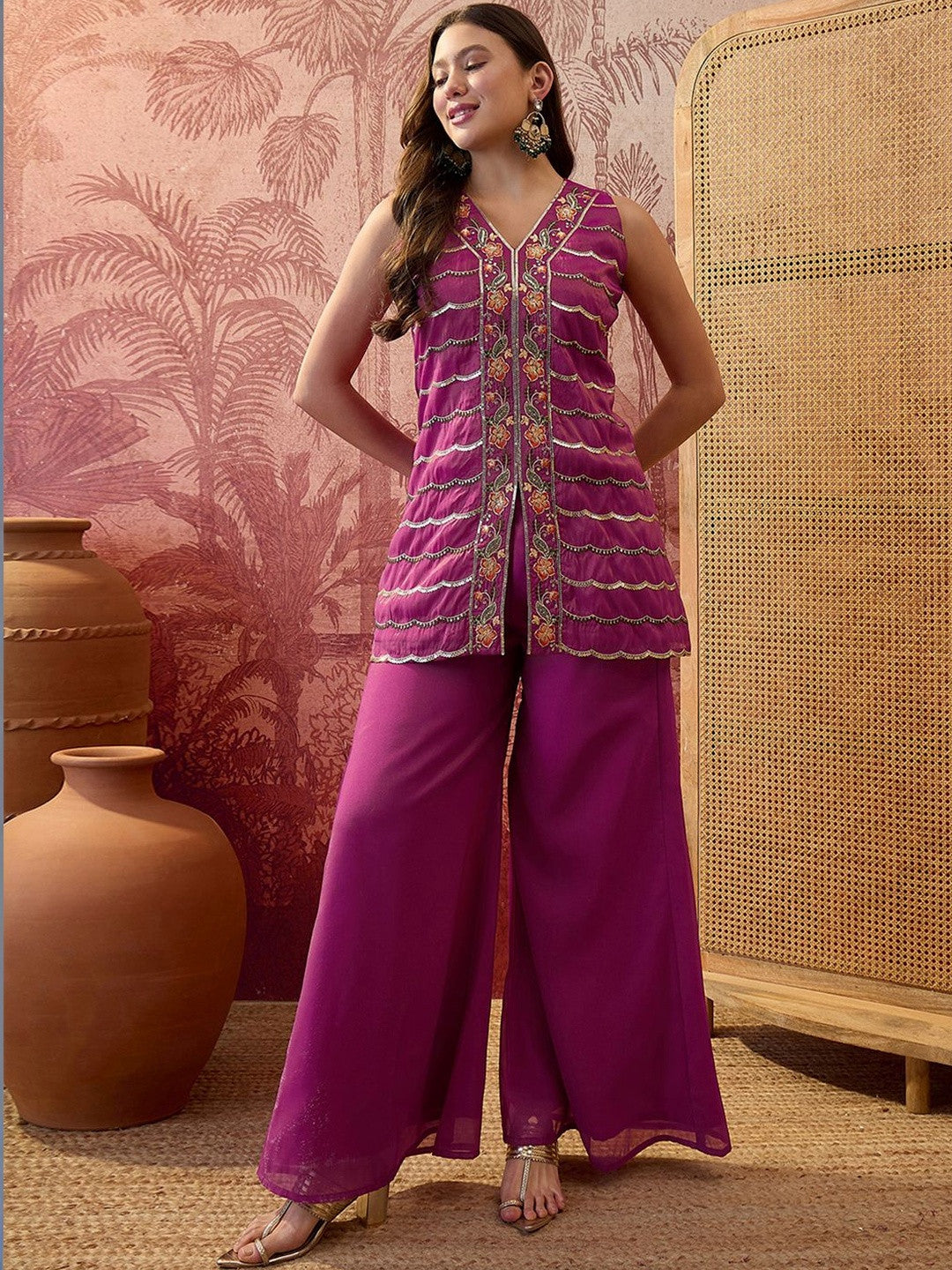 Embroidered V-Neck Kurta & Palazzos Kurta Sets