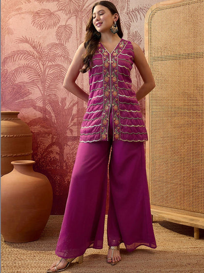 Embroidered V-Neck Kurta & Palazzos Kurta Sets
