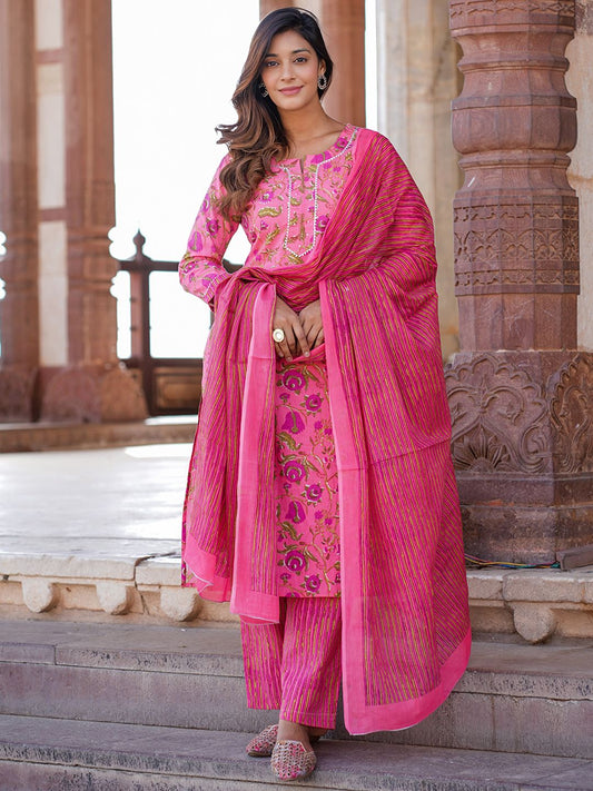 Dhiyona KL Floral Printed Sequinned Notch Neck Pure Cotton Kurta With Trousers And Dupatta