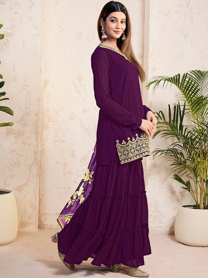 Dhiyona HOP Ethnic Motifs Embroidered V-Neck Kurta & Sharara With Dupatta