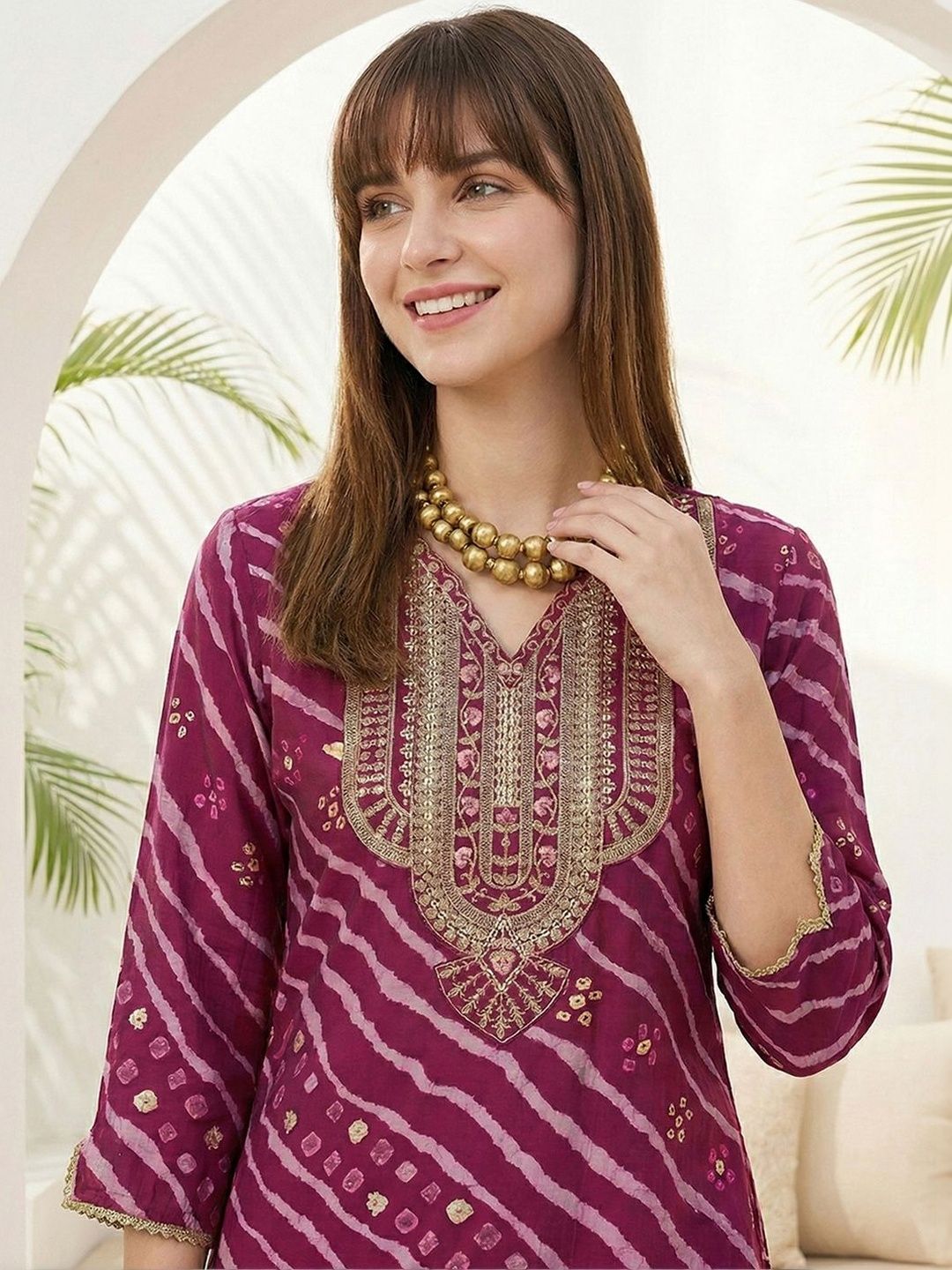 Dhiyona CH Women Leheriya Printed Regular Sequinned Kurta with Dhoti Pants