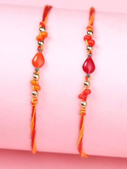 Dhiyona Orange Set Of 2 Beaded Thread Rakhis With Roli Chawal & Greeting Card