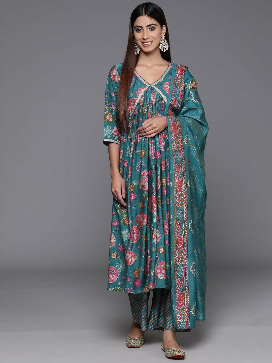 Women's LB Blue Printed Silk Blend A-Line Kurta With Palazzos & Dupatta