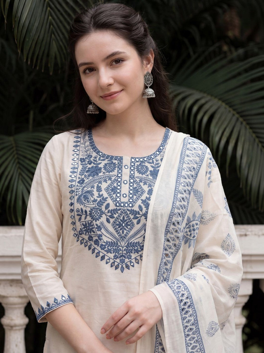 Women Ethnic Motifs Embroidered Regular Mirror Work Pure Cotton Kurta with Trousers & With Dupatta