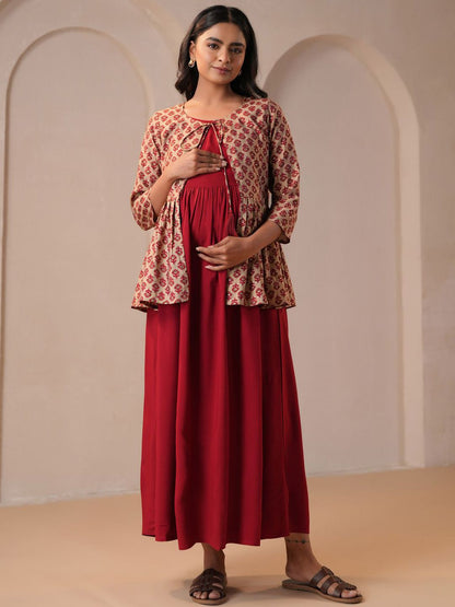 Dhiyona AY Women's Printed Fit & Flared Maternity Ethnic Dresses With Jacket