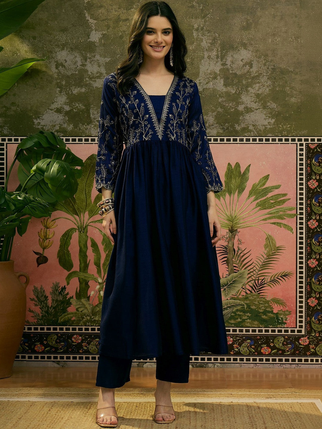 Embroidered V-Neck Kurta & Trousers Kurta Sets