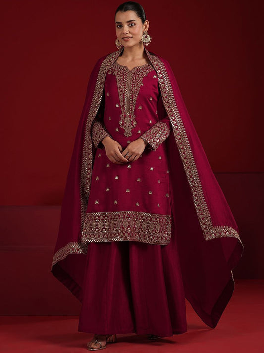 Dhiyona LL Embroidered Thread Work Sequinned Notch Neck Kurta With Palazzos & Dupatta