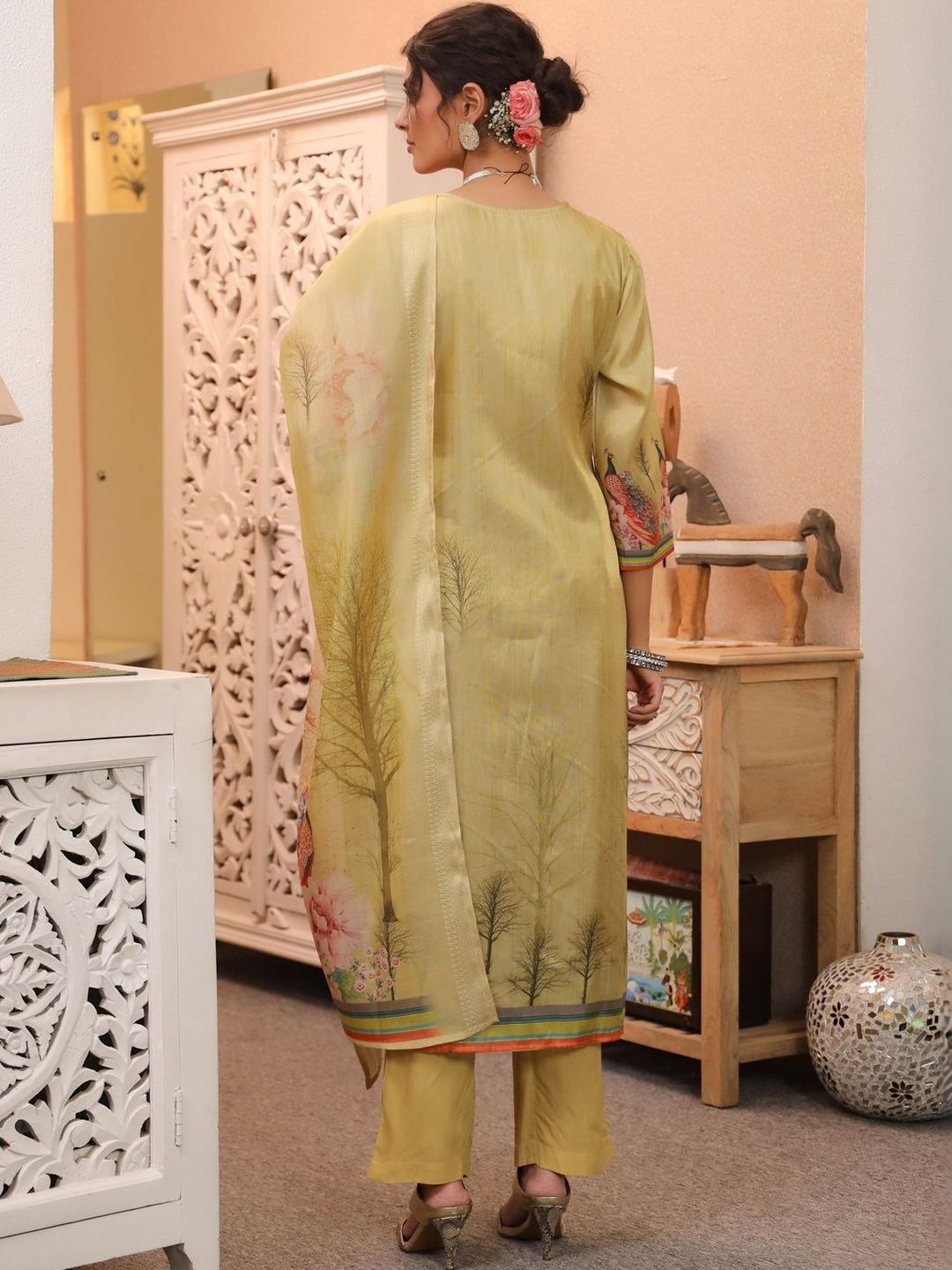 Dhiyona RR Women's Ethnic Motifs Printed Chanderi Cotton Kurta with Trousers & Dupatta