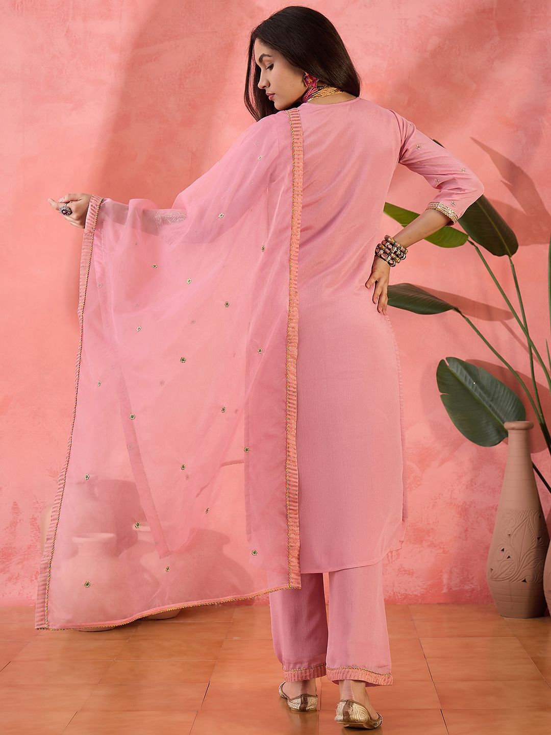 Dhiyona SN Women Ethnic Motifs Embroidered Regular Sequinned Kurta With Palazzos & Dupatta