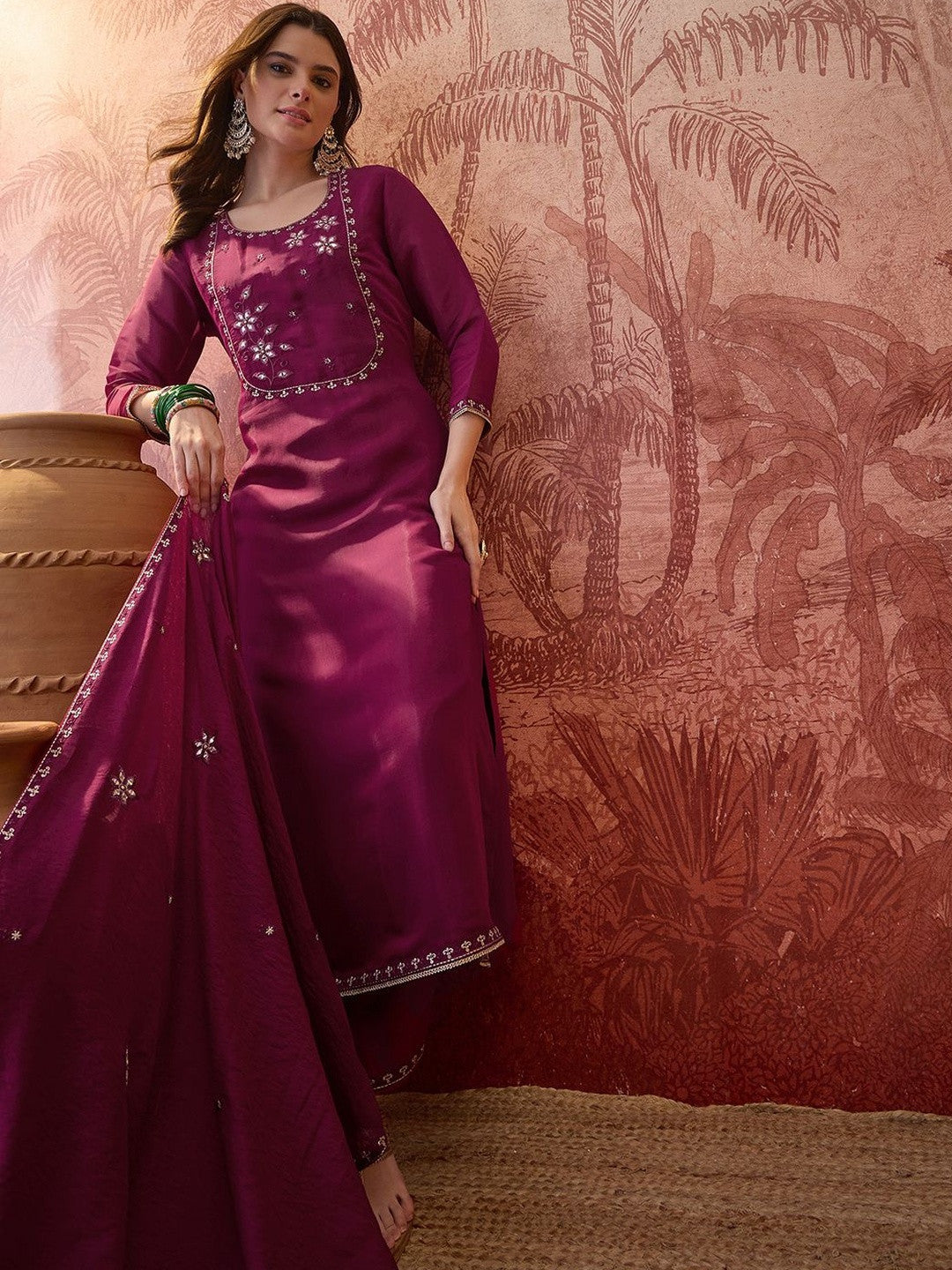 Embroidered Round Neck Straight Kurta & Trousers With Dupatta