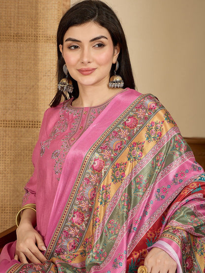 Ethnic Motifs Embroidered Round Neck Thread Work Kurta With Palazzos & Dupatta
