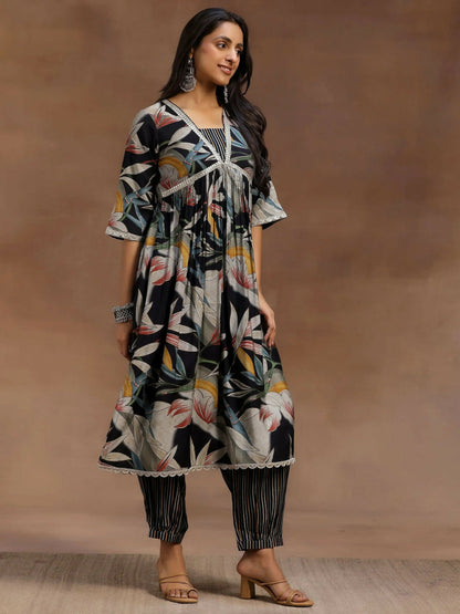 Women's LB Black Printed Silk Blend A-Line Kurta With Salwar & Dupatta